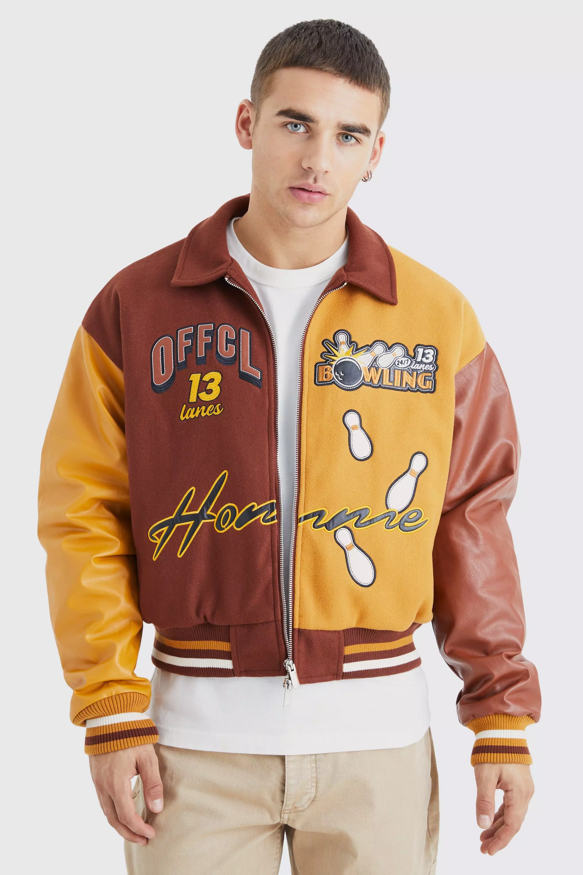 Boxy Spliced Melton & Pu Varsity Jacket